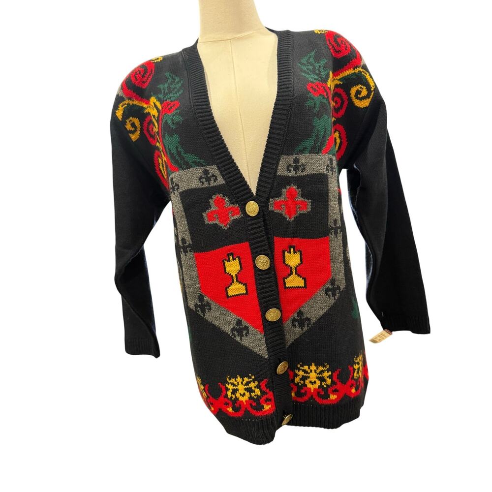 Vintage Norton McNaughton Petite Cardigan Sweater Novelty Print Shield Crest PSM